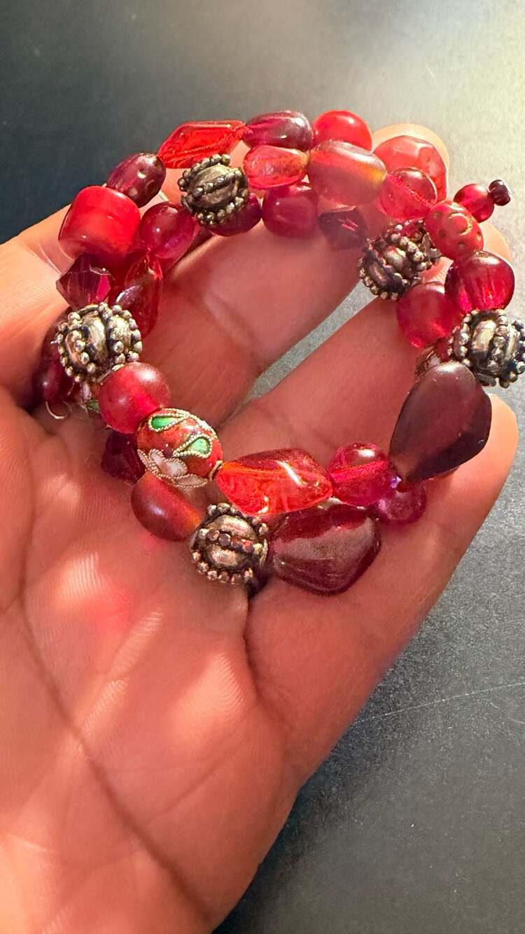 Vintage Chinese Cloisonné Multi-Strand Red Bead Wrap Bracelet
